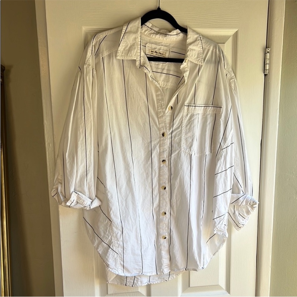 We The Free Black and White Oversized Boyfriend Button Down Striped Top